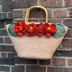 Woven Italian Pink Handbag with Flowers